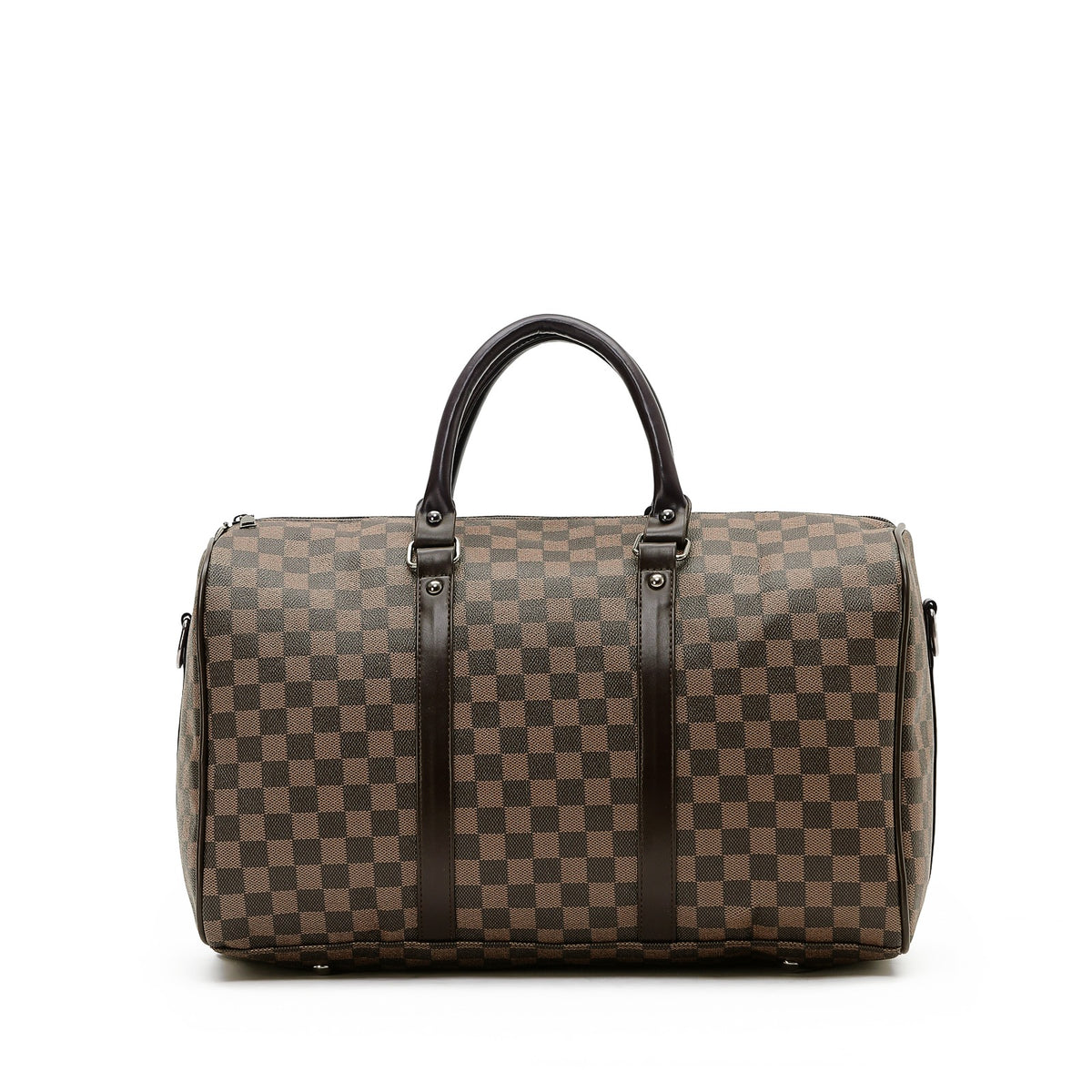 Brown checkered duffel bag, front view