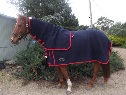 Navy Merino Wool Horse Rug with Detachable Neck and Red Binding