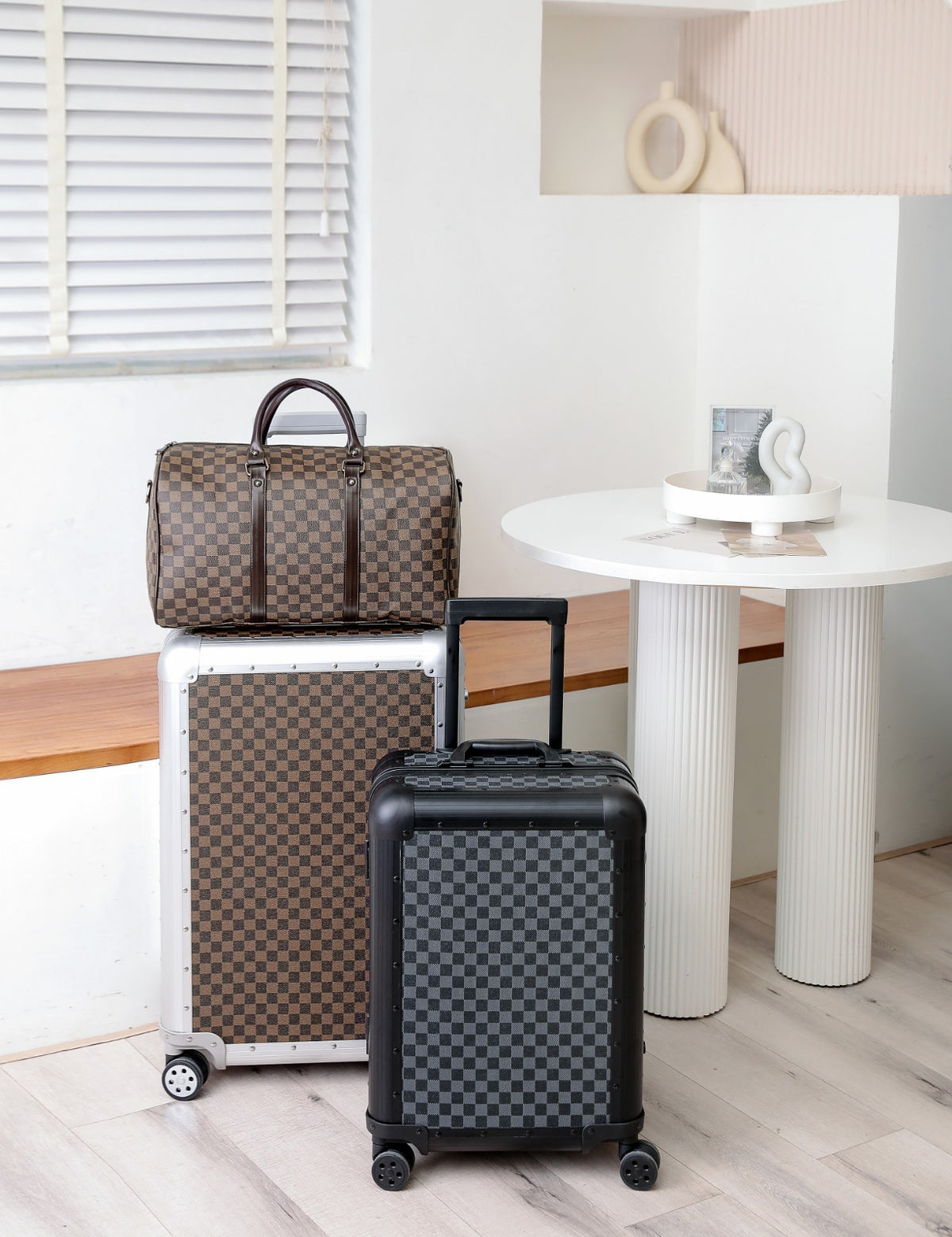 Brown Aluminium Checkerboard Suitcase