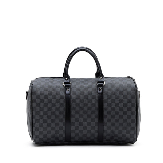 Black checkered duffel bag, front view