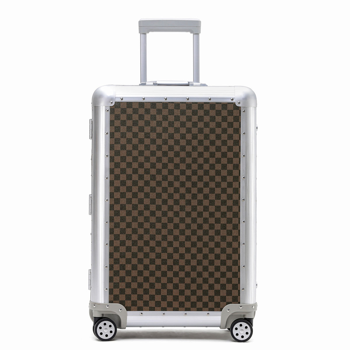 Brown checkered aluminium suitcase, front view