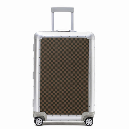 Brown checkered aluminium suitcase, front view