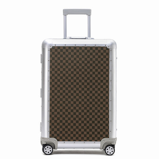 Brown checkered aluminium suitcase, front view
