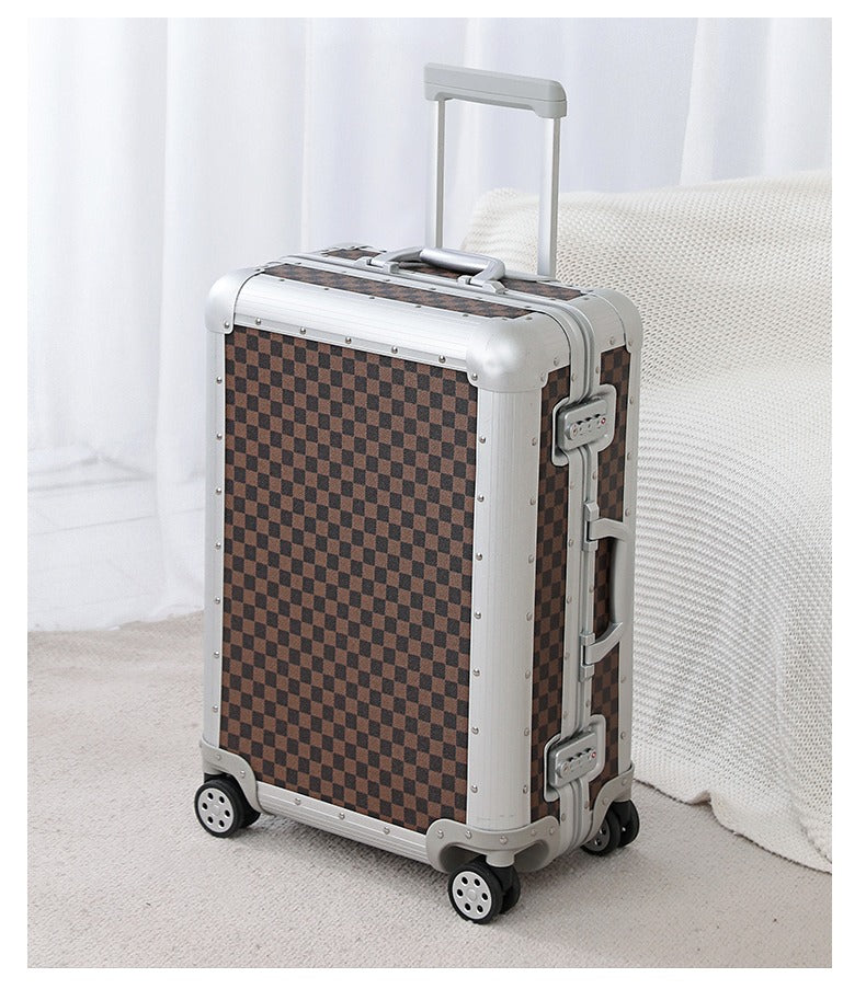 Brown checkered suitcase, lifestyle shot