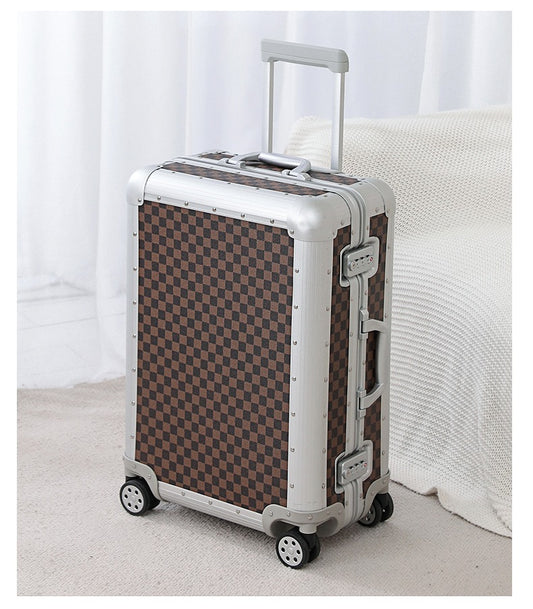 Brown checkered suitcase, lifestyle shot