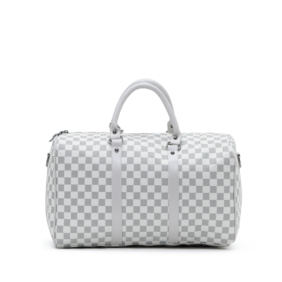 Silver/white checkered duffel bag, front view