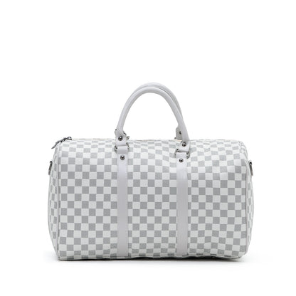 Silver/white checkered duffel bag, front view